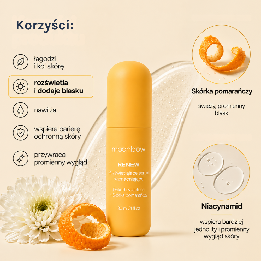 Renew Brightening Boosting Serum (3) Moonbow Renew Brightening Boosting Serum - rozświetlające serum z dzikim chryzantemem i skórką pomarańczy, wspierające promienny i bardziej jednolity wygląd cery.