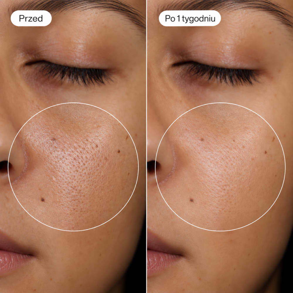 Skinfix Ceramide Prime Whipped Cream (3) Skinfix Ceramide Prime Whipped Cream - efekt przed i po 1 tygodniu - porównanie skóry twarzy przed stosowaniem kremu i po tygodniu, z zaznaczoną poprawą wyglądu tekstury oraz mniejszą widocznością porów.