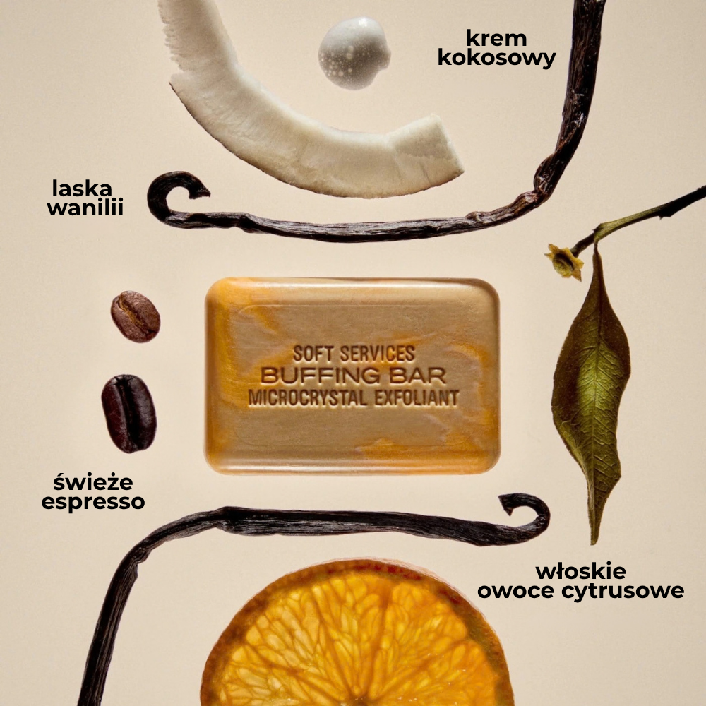 Soft Services Affogato L'Orange Buffing Bar Exfoliant (2) Soft Services Affogato L'Orange Buffing Bar - mikrokrystaliczna kostka peelingująca do ciała otoczona nutami zapachowymi wanilii, kremu kokosowego, świeżego espresso i włoskich owoców cytrusowych.