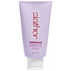Lawendowa tubka Topicals Slather Exfoliating Body Serum 150 ml z białą nakrętką na jasnym tle.
