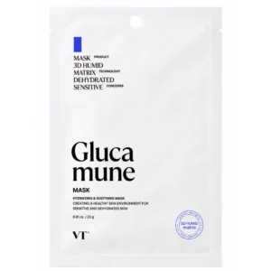 VT Glucamune Mask 23 g - koreańska kojąca i nawilżająca maska w płachcie z grzybem śnieżnym na białym tle.