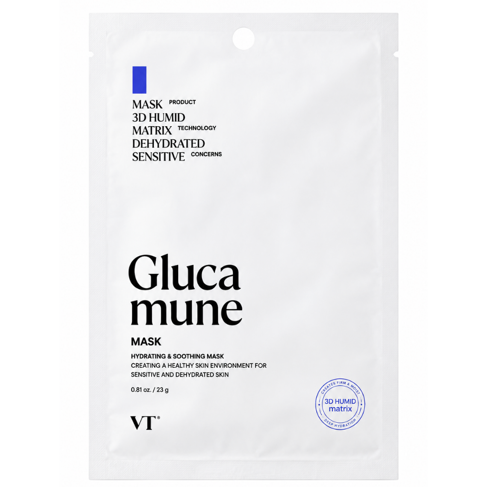 VT Glucamune Mask - kojąca maska nawilżająca z grzybem śnieżnym VT Glucamune Mask 23 g - koreańska kojąca i nawilżająca maska w płachcie z grzybem śnieżnym na białym tle.