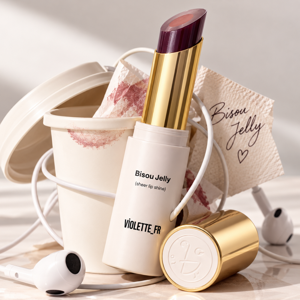 Violette FR Jelly Sheer Shine Hydrating Lipstick (2) Violette_FR Bisou Jelly Sheer Shine Hydrating Lipstick - pomadka do ust w biało-złotym opakowaniu pokazana w kreatywnej aranżacji z kubkiem, słuchawkami i śladami różowej pomadki na jasnym tle.