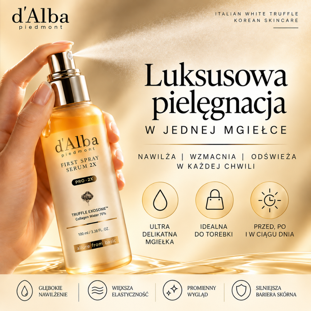 d Alba Piedmont White Truffle Serum - peptydowe serum w mgiełce z białą truflą (6) Grafika marketingowa: d’Alba White Truffle First Spray Serum Pro 2X rozpylane na skórę - luksusowa mgiełka do nawilżania, odświeżania i pielęgnacji skóry w ciągu dnia.