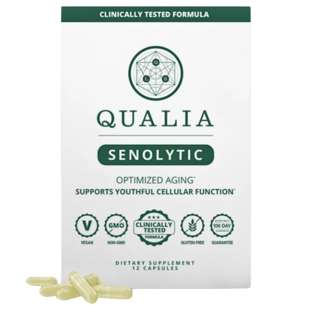 Qualia Senolytic Qualia Senolytic - opakowanie suplementu diety z 12 kapsułkami, formuła senolityczna wspierająca funkcje komórkowe i zdrowe starzenie.