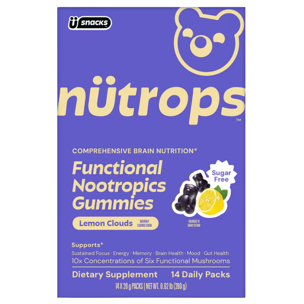 Nutrops by Gruns - Sugar Free Nootropic Mushroom Gummies Grüns NüTrops Sugar Free Functional Nootropics Gummies Lemon Clouds - suplement diety w formie żelków nootropowych bez cukru, z kompleksem sześciu grzybów funkcjonalnych w stężeniu 10:1. Fioletowe opakowanie zawierające 14 dziennych porcji żelków o cytrynowym smaku.