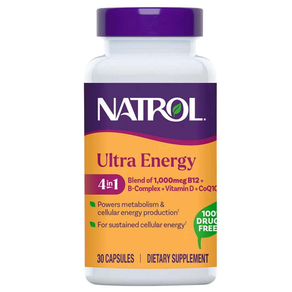 Natrol Ultra Energy 4-in-1, Natrol Ultra Energy 4 in 1 - suplement diety wspierający metabolizm energetyczny, zawierający witaminę B12, kompleks witamin z grupy B, witaminę D i koenzym Q10. Biała butelka z fioletowo-pomarańczową etykietą, 30 kapsułek.