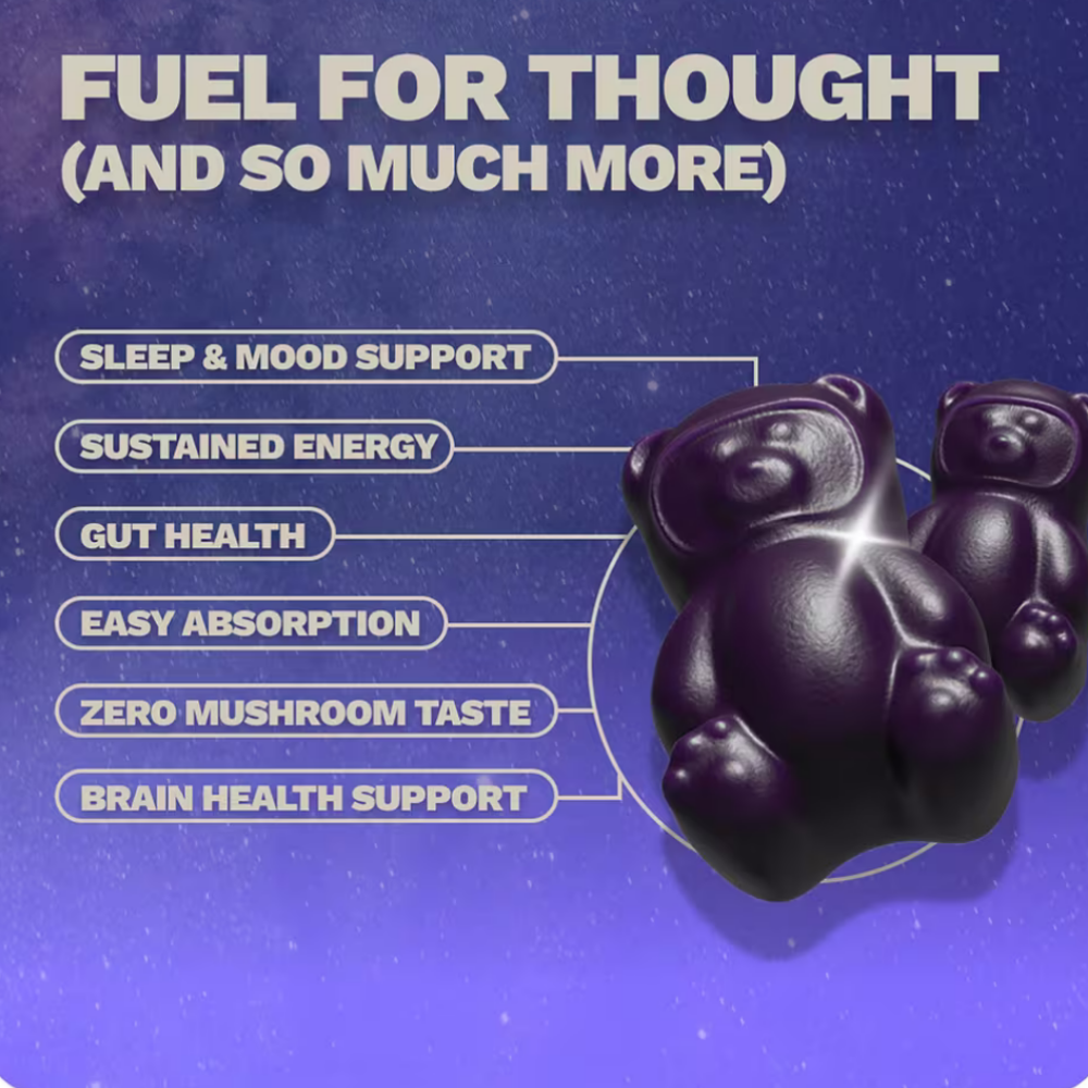 Nutrops by Gruns - Sugar Free Nootropic Mushroom Gummies Grüns NüTrops Functional Nootropics Gummies - grafika przedstawiająca fioletowe żelki w kształcie misiów oraz deklarowane przez producenta korzyści dotyczące koncentracji, energii, nastroju, snu i funkcji poznawczych. Formuła z grzybami funkcjonalnymi, bez charakterystycznego grzybowego smaku.