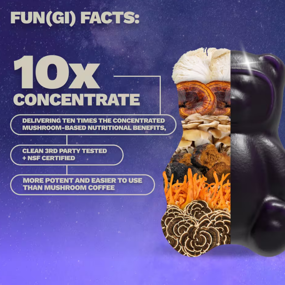Nutrops by Gruns - Sugar Free Nootropic Mushroom Gummies Grüns NüTrops Sugar Free - infografika przedstawiająca skoncentrowane ekstrakty grzybowe 10:1 oraz fioletowego żelka w kształcie misia. Suplement diety z sześcioma grzybami funkcjonalnymi, w tym Lion's Mane, reishi, cordyceps, chaga, maitake i coriolus.