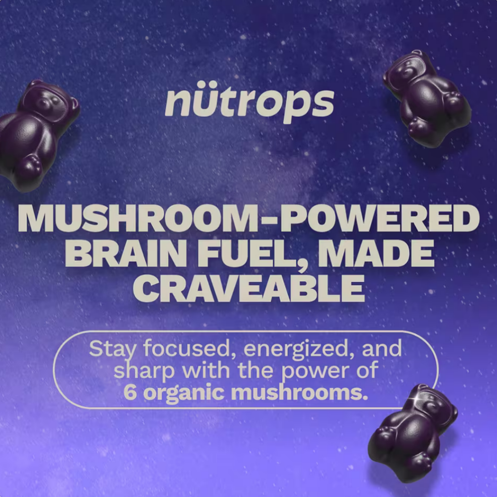 Nutrops by Gruns - Sugar Free Nootropic Mushroom Gummies Grüns NüTrops Functional Nootropics Gummies - fioletowe żelki w kształcie misiów na tle w odcieniach fioletu. Grafika prezentująca formułę z sześcioma organicznymi grzybami funkcjonalnymi, opracowaną z myślą o codziennym wsparciu sprawności poznawczej.