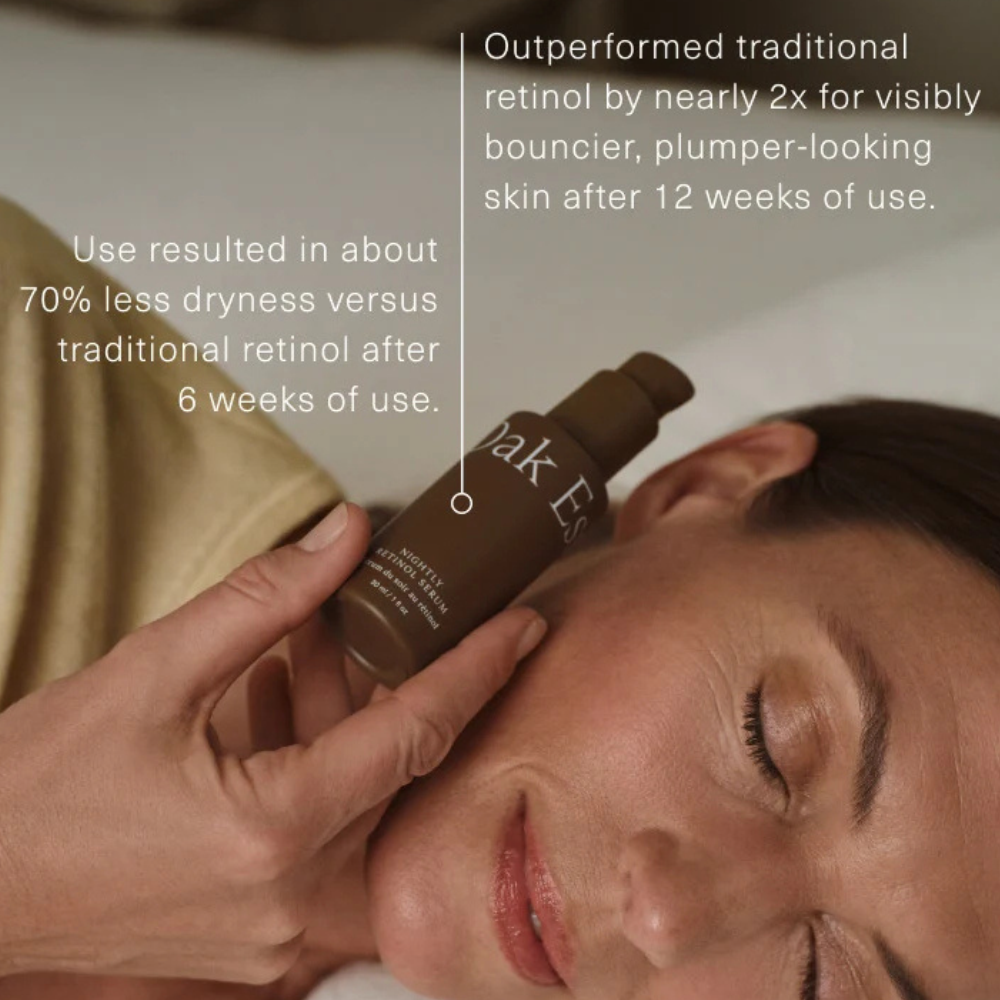 Oak Essentials Nightly Retinol Serum Oak Essentials Nightly Retinol Serum - modelka prezentująca brązową butelkę serum z retinoidem. Grafika przedstawia wyniki badań porównawczych producenta, wskazujące na mniejsze przesuszenie skóry po 6 tygodniach oraz poprawę wyglądu jej sprężystości po 12 tygodniach stosowania.