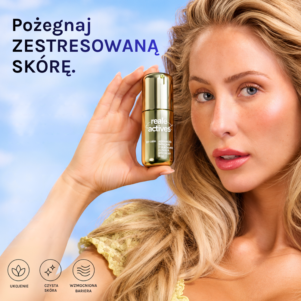 Reale Actives Go Calm Serum (4) Reale Actives Go Calm - modelka trzymająca serum z 10% kwasem azelainowym, stworzone z myślą o zaczerwienieniach, ukojen iu skóry i wsparciu bariery ochronnej.