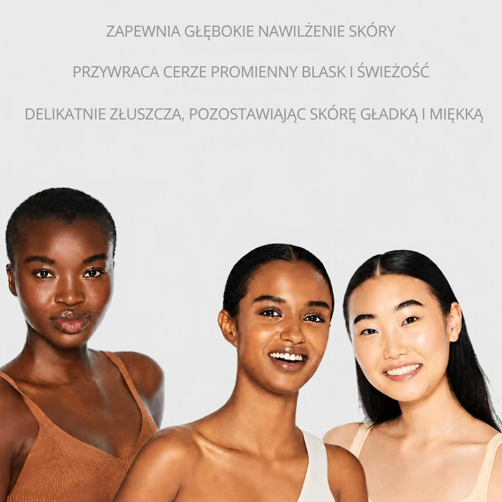 73 Grafika przedstawiająca trzy modelki o różnych odcieniach skóry, prezentujące promienną, gładką cerę na jasnoszarym tle. U góry widoczne korzyści kremu Glo Skin Beauty Hydra-Bright AHA Hydrator - głębokie nawilżenie, rozświetlenie oraz delikatne złuszczanie skóry.