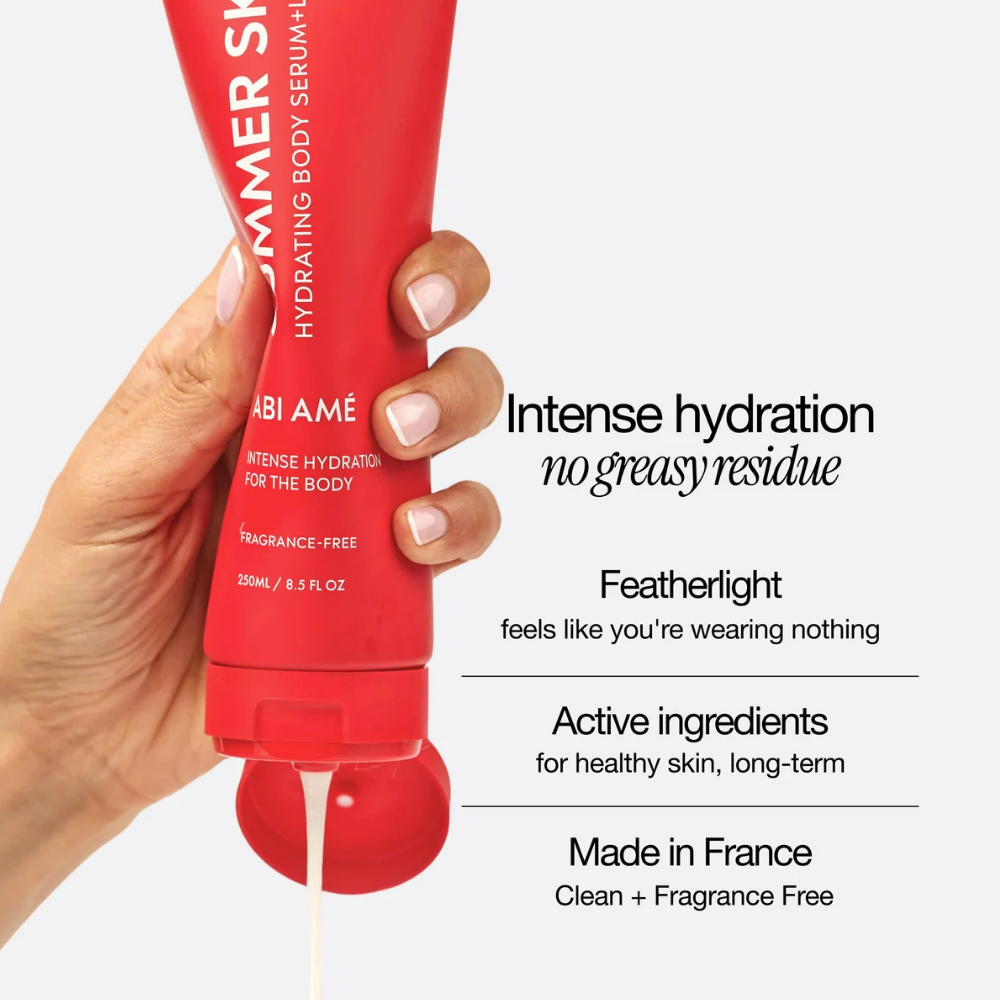 Abi Ame Summer Skin (5) Nawilżające serum-lotion Summer Skin marki ABI AMÉ, inforamcja o iltralekkiej formule produktu.