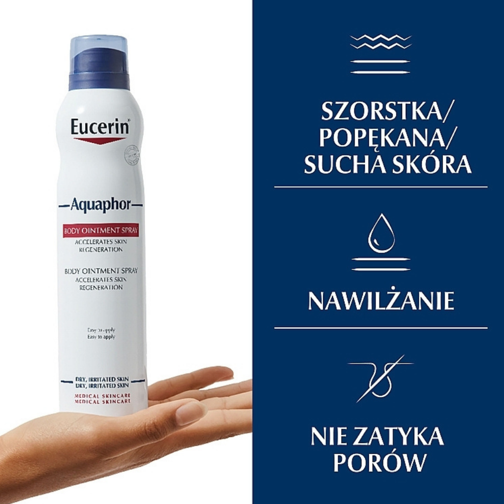 Aquaphor Ointment Body Spray (2) Eucerin Aquaphor Ointment Body Spray - intensywnie nawilżająca maść do ciała w sprayu, przeznaczona do pielęgnacji suchej, szorstkiej i popękanej skóry. Grafika przedstawia opakowanie produktu oraz informacje o nawilżaniu i formule niezapychającej porów.