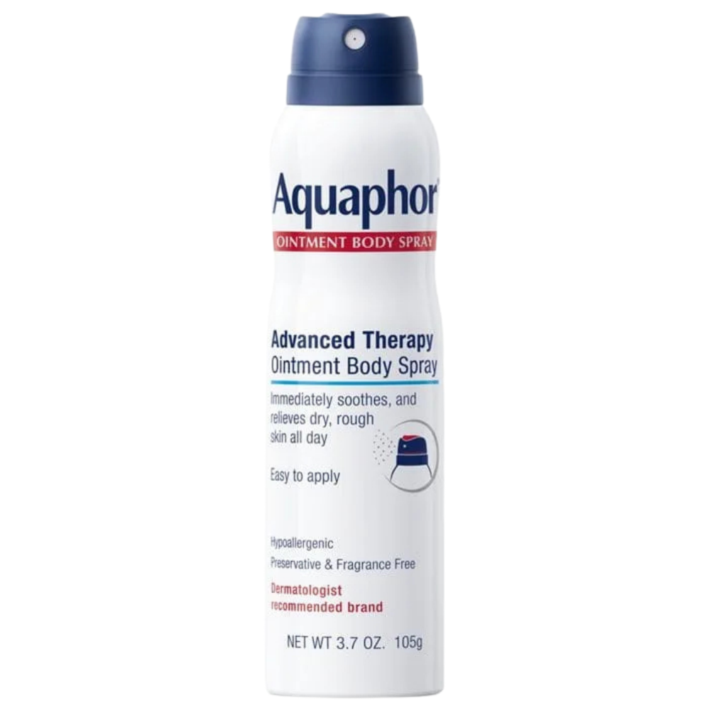 Aquaphor Ointment Body Spray Aquaphor Advanced Therapy Ointment Body Spray - intensywnie nawilżająca maść do ciała w sprayu, która pomaga łagodzić uczucie suchości i szorstkości skóry. Białe opakowanie aerozolowe z granatowym aplikatorem, formuła bez substancji zapachowych i konserwantów, 105 g.