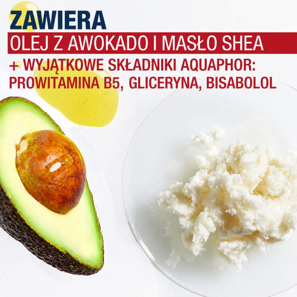 Aquaphor Repairing Hand Mask - rękawiczki ratunkowe dla suchych dłoni (3) Grafika 2: Aquaphor Repairing Hand Masks - kluczowe składniki maski do dłoni: olej z awokado, masło shea, prowitamina B5, gliceryna i bisabolol wspierające pielęgnację suchej skóry.