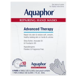 1. Grafika 4: Aquaphor Advanced Therapy Repairing Hand Masks - opakowanie regenerujących rękawiczek do suchych dłoni i skórek z masłem shea, olejem z awokado i prowitaminą B5.