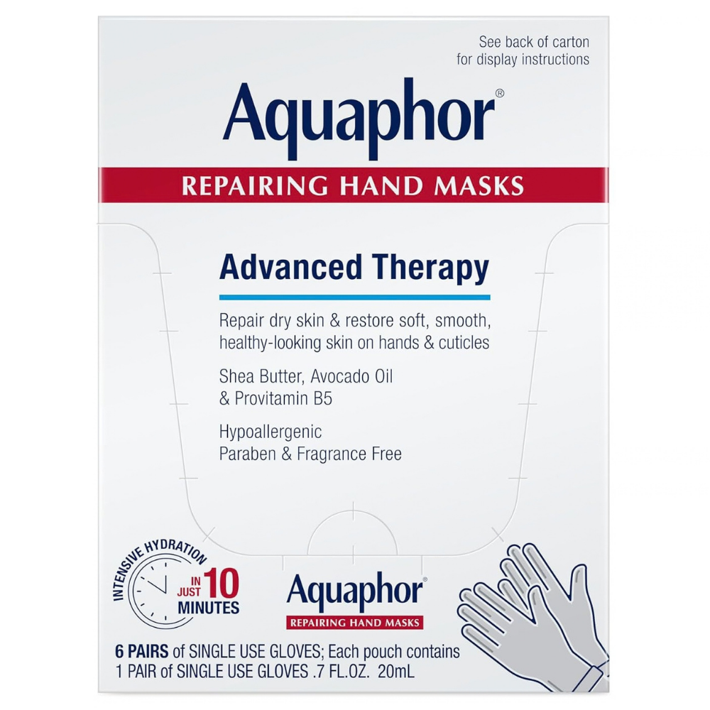 Aquaphor Repairing Hand Mask - rękawiczki ratunkowe dla suchych dłoni 1. Grafika 4: Aquaphor Advanced Therapy Repairing Hand Masks - opakowanie regenerujących rękawiczek do suchych dłoni i skórek z masłem shea, olejem z awokado i prowitaminą B5.