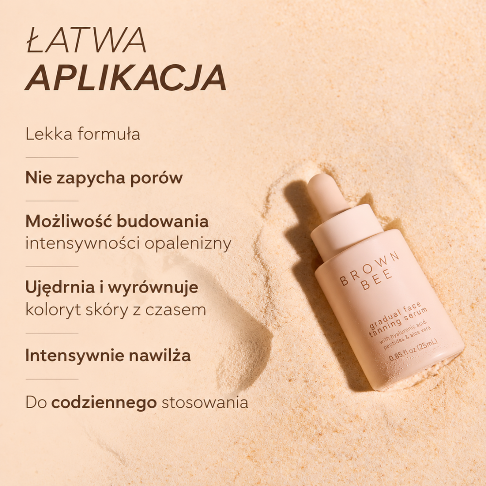 Brown Bee Gradual Face Tanning Serum - serum z efektem naturalnej opalenizny (3) Brown Bee Gradual Face Tanning Serum - lekkie, niekomedogenne serum stopniowo brązujące do twarzy, które pozwala budować intensywność opalenizny, nawilża i wspiera jędrność skóry. Beżowa buteleczka z pipetą na piaskowym tle.