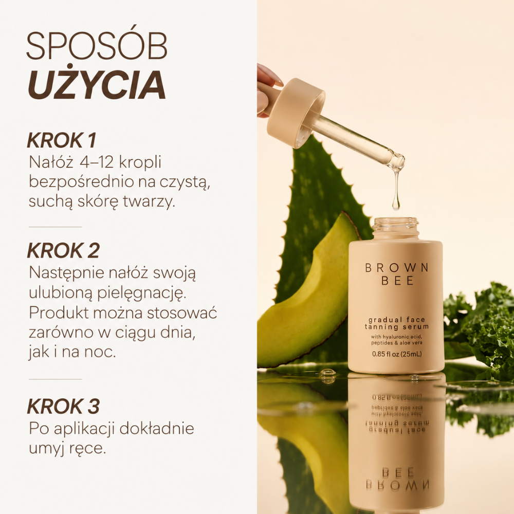 Brown Bee Gradual Face Tanning Serum - serum z efektem naturalnej opalenizny (4) Brown Bee Gradual Face Tanning Serum 25 ml - instrukcja aplikacji serum samoopalającego do twarzy w trzech krokach. Grafika przedstawia buteleczkę z pipetą, aloes i sposób stosowania dla uzyskania stopniowej opalenizny.