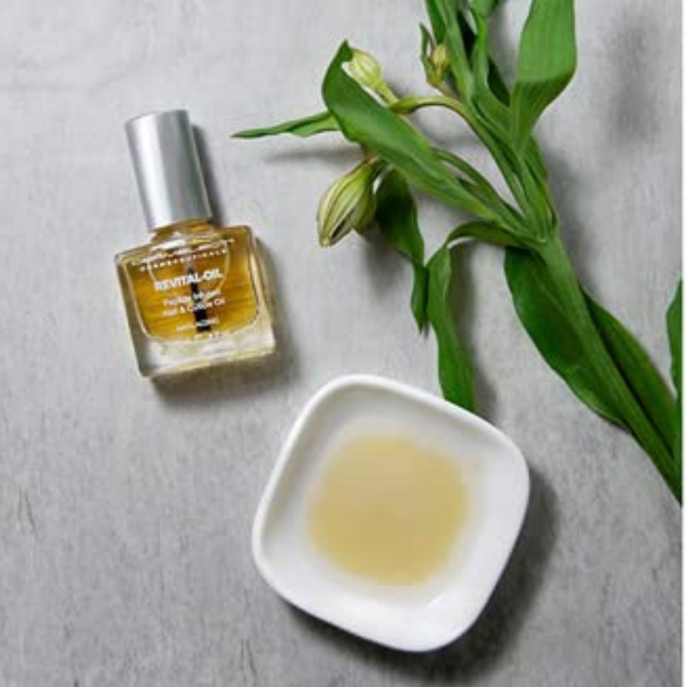 Dermelect Revital Oil Nail & Cuticle Treatment (4) Olejek do paznokci i skórek Dermelect Revital-Oil w szklanej buteleczce ze srebrną nakrętką, ułożony obok białej miseczki ze złocistym olejkiem i zielonych roślin. Naturalna kompozycja na jasnoszarym tle.