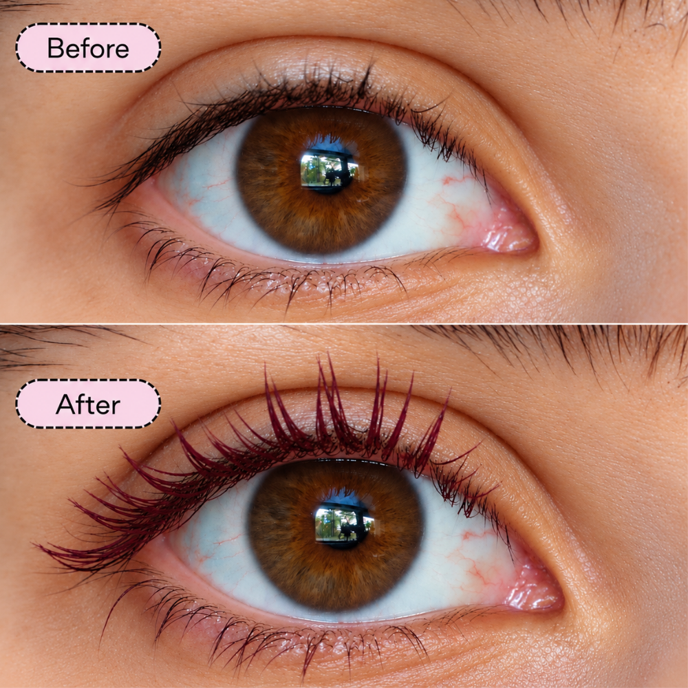 Dibs Double Standard Burgundy Primer & Mascara Duo DIBS Double Standard Burgundy Primer & Mascara Duo - grafika przed i po zastosowaniu burgundowej bazy tubingowej na brązowym oku. Porównanie przedstawia naturalne rzęsy przed aplikacją oraz efekt wyraźnego wydłużenia, rozdzielenia i podkreślenia rzęs głębokim, winno-burgundowym kolorem.