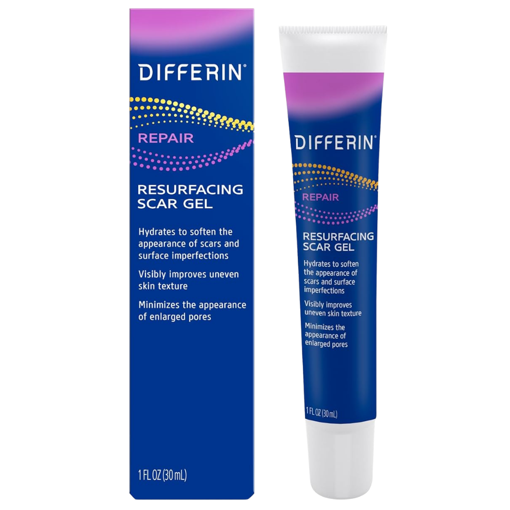 Differin Resurfacing Acne Scar Treatment Gel for Face Differin Repair Resurfacing Scar Gel - wygładzający żel do twarzy pomagający zmniejszyć widoczność blizn potrądzikowych, rozszerzonych porów i nierównej tekstury skóry. Granatowo-fioletowe opakowanie oraz tubka kosmetyku o pojemności 30 ml na białym tle.