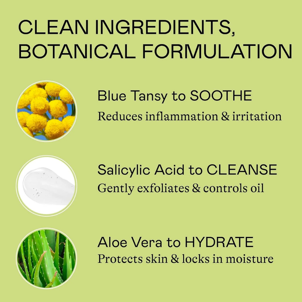 Doc & Glo Daily Mantra Boosting Body Wash (7) Grafika przedstawiająca trzy kluczowe składniki żelu do mycia ciała Doc & Glo Daily Mantra Boosting Body Wash na jasnozielonym tle. Wrotycz marokański (Blue Tansy) wspiera ukojenie skóry, kwas salicylowy pomaga delikatnie złuszczać martwy naskórek i regulować nadmiar sebum, a aloes sprzyja nawilżeniu i utrzymaniu komfortu skóry.