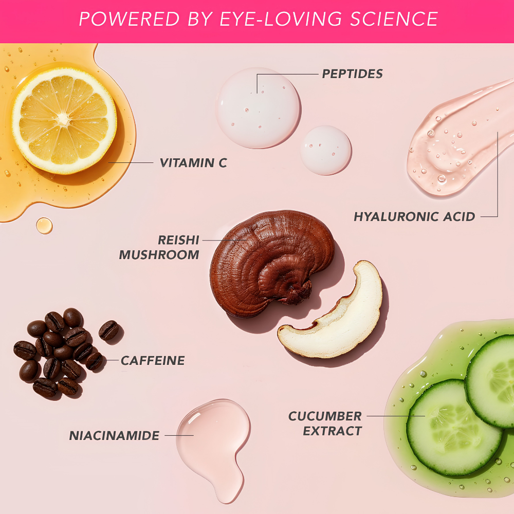 Doll 10 Mushroom Eye Milk (3) Doll 10 Mushroom Eye Milk - grafika przedstawiająca kluczowe składniki mleczka pod oczy: grzyby reishi, peptydy, witaminę C, kwas hialuronowy, kofeinę, niacynamid i ekstrakt z ogórka, wspierające nawilżenie, wygładzenie i świeży wygląd skóry.
