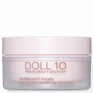 Doll 10 Overnight Facial Daily Dissolve Enzyme Cleansing Balm 100 ml – enzymatyczny balsam oczyszczający do twarzy w eleganckim, półprzezroczystym słoiczku z jasnoróżową zakrętką. Minimalistyczny packshot na białym tle przedstawia opakowanie z różowozłotym logo DOLL 10 i oryginalnymi napisami producenta.