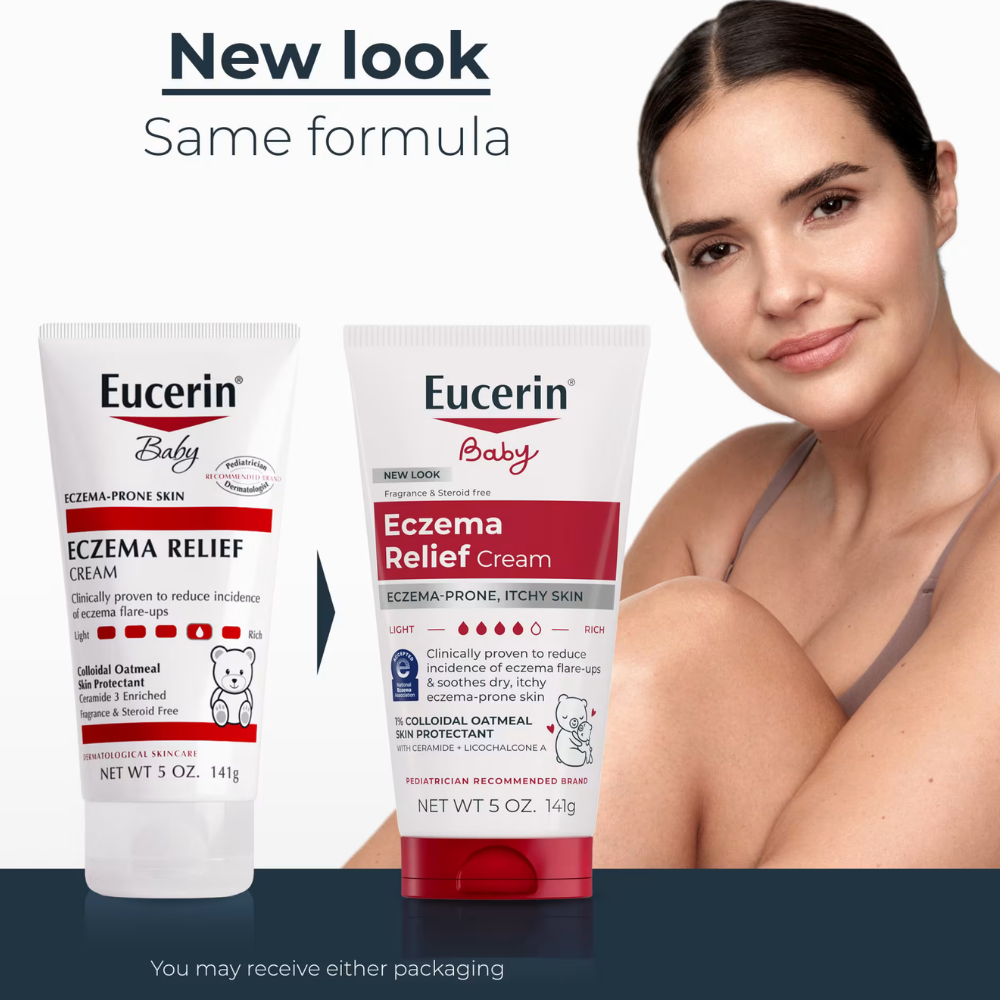 Eucerin Baby Eczema Relief Cream (4) Eucerin Baby Eczema Relief Cream 141 g - porównanie starego i nowego opakowania kremu łagodzącego do skóry suchej, wrażliwej i skłonnej do egzemy u niemowląt i dzieci. Grafika z napisem „New look, Same formula” informuje o zmianie wyglądu opakowania przy zachowaniu tej samej formuły. Obok produktów widoczna jest uśmiechnięta kobieta.