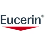Logo marki Eucerin - granatowy napis z charakterystycznym czerwonym symbolem pod nazwą, umieszczony na białym tle. Oryginalny logotyp niemieckiej marki kosmetyków dermatologicznych do pielęgnacji skóry wrażliwej, suchej i wymagającej.