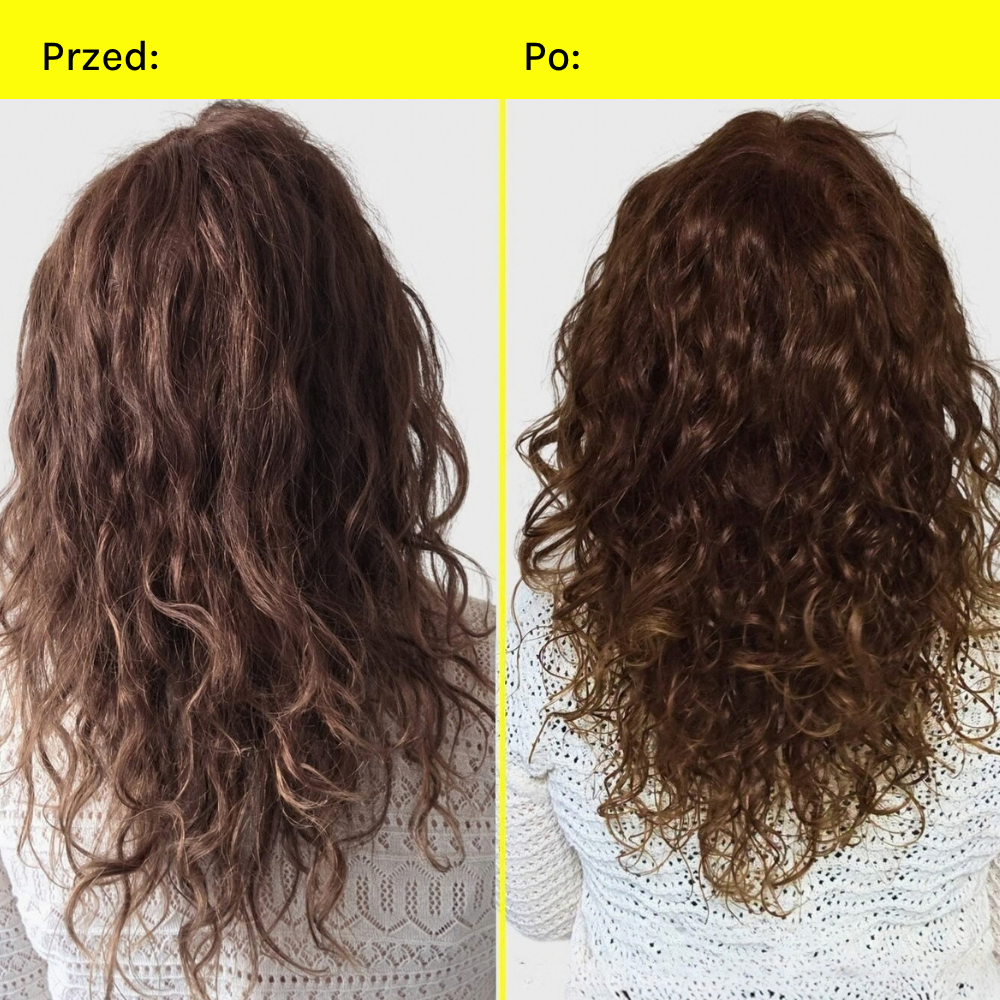 From Labs Mini Protein Capsule Keratin Hair Repair Set (3) FROMLABS Protein Capsule Repair - porównanie włosów przed i po zastosowaniu pielęgnacji, pokazujące bardziej zdefiniowane, gładkie i sprężyste fale po użyciu produktów.