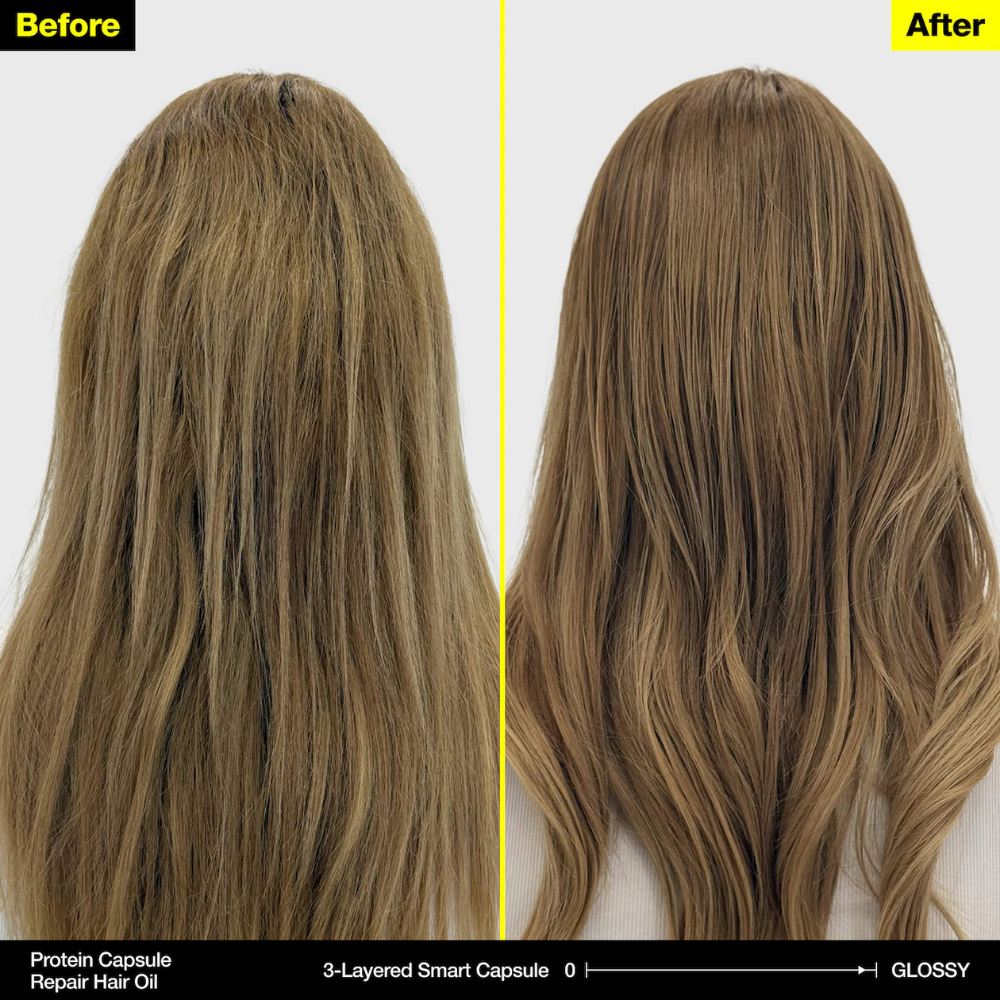 From Labs Protein Capsule Hair Repair Oil (3) FROMLABS Protein Capsule Hair Repair Oil - porównanie efektów przed i po zastosowaniu proteinowego olejku do włosów. Po lewej suche, matowe i puszące się włosy, po prawej wyraźnie gładsze, bardziej lśniące i zdyscyplinowane pasma z efektem jedwabistej tafli.