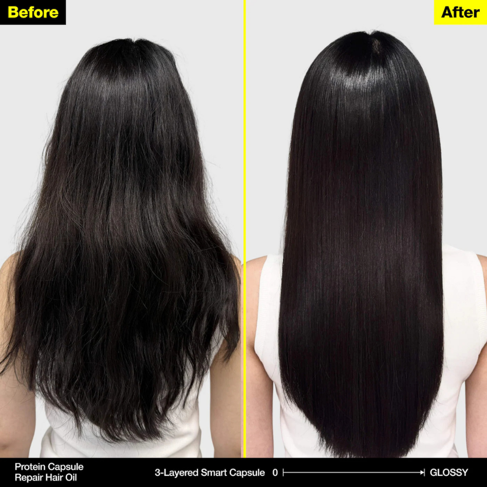 From Labs Protein Capsule Hair Repair Oil (4) FROMLABS Protein Capsule Hair Repair Oil - efekty przed i po zastosowaniu proteinowego olejku do włosów. Porównanie ciemnych, falowanych i puszących się włosów przed użyciem oraz idealnie wygładzonych, prostych i lśniących pasm po zastosowaniu, z efektem tafli glass hair.