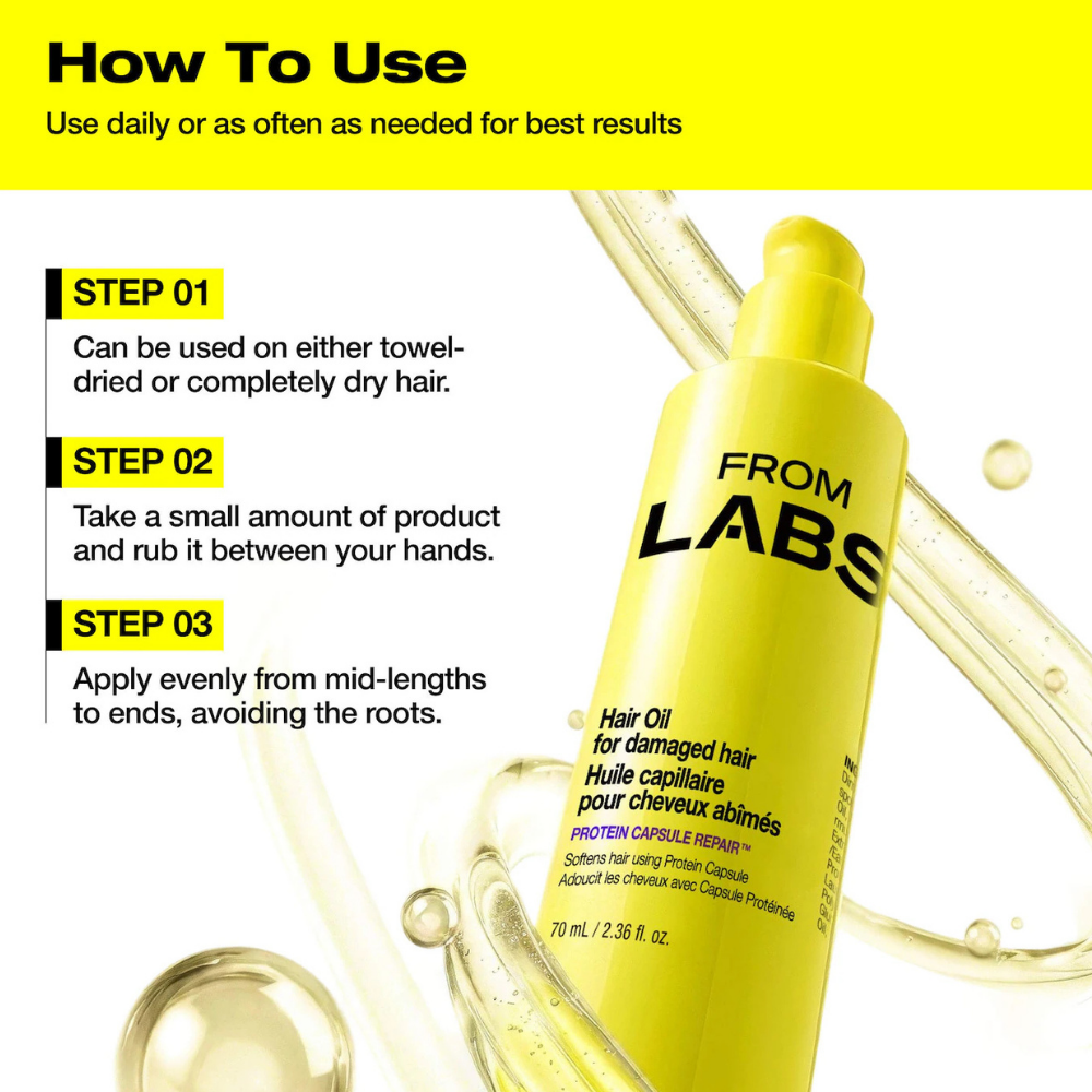From Labs Protein Capsule Hair Repair Oil (5) FROMLABS Protein Capsule Hair Repair Oil - grafika przedstawiająca sposób użycia proteinowego olejku do włosów. Trzy etapy aplikacji: nałożenie na wilgotne lub suche włosy, roztarcie niewielkiej ilości w dłoniach i równomierne rozprowadzenie od połowy długości po końcówki, z pominięciem nasady. Żółta butelka 70 ml otoczona złotymi kroplami olejku.
