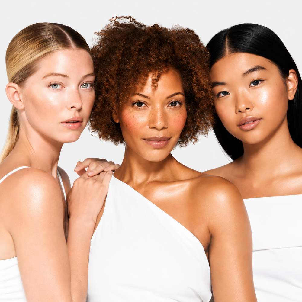 Glo Skin Beauty Skin Glow Stick Highlighter (5) Glo Skin Beauty Skin Glow Stick Highlighter - trzy modelki o jasnej, średniej i ciemniejszej karnacji prezentujące naturalnie rozświetloną cerę, promienne kości policzkowe i efekt glow uzyskany kremowym rozświetlaczem w sztyfcie.