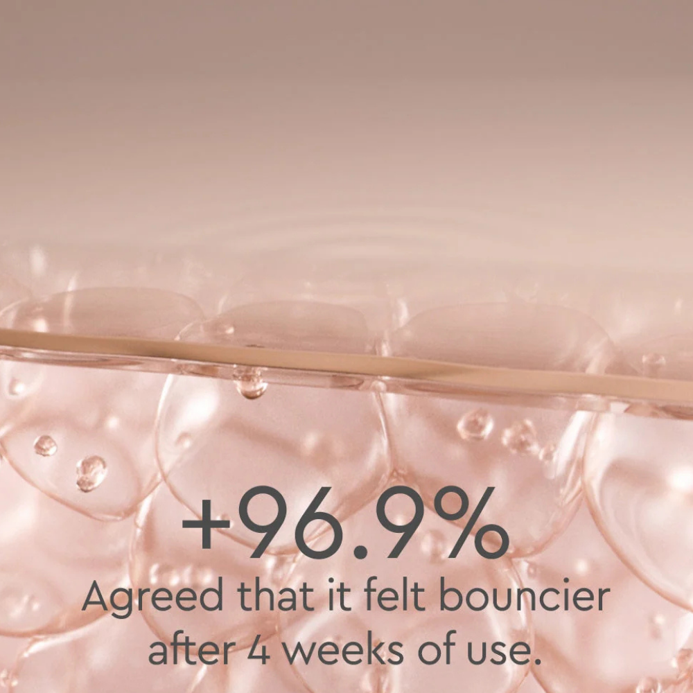 HERA - Rejuvenate Ampoule Cream (5) HERA Rejuvenate Ampoule Cream - infografika przedstawiająca deklarowane wyniki badania konsumenckiego, w którym 96,9% uczestników oceniło skórę jako bardziej sprężystą po 4 tygodniach stosowania kremu.