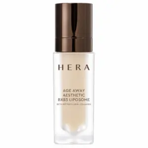 HERA Age Away Aesthetic BX83 Liposome 20 ml - luksusowe koreańskie serum ujędrniające z peptydami BX i kolagenem. Elegancka, matowa szklana buteleczka z metaliczną brązową nakrętką, beżowym serum i minimalistycznym logo HERA na białym tle.