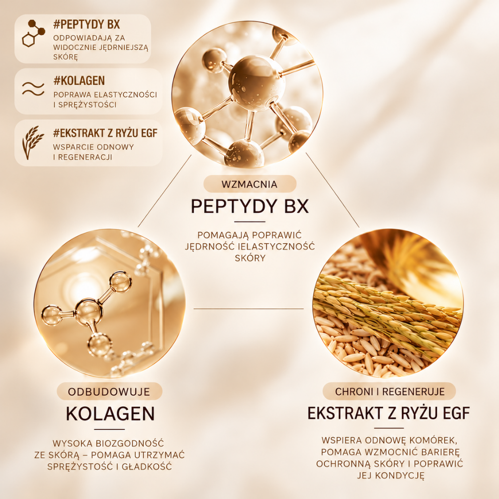 Hera Age Away Aesthetic Bx Cream - krem przywracający sprężystość i młodzieńczy blask (2) HERA Age Away Aesthetic BX Cream - krem przeciwstarzeniowy z peptydami BX, kolagenem i ryżowym EGF. Grafika przedstawiająca składniki wspierające jędrność, elastyczność, wygładzenie i regenerację skóry.