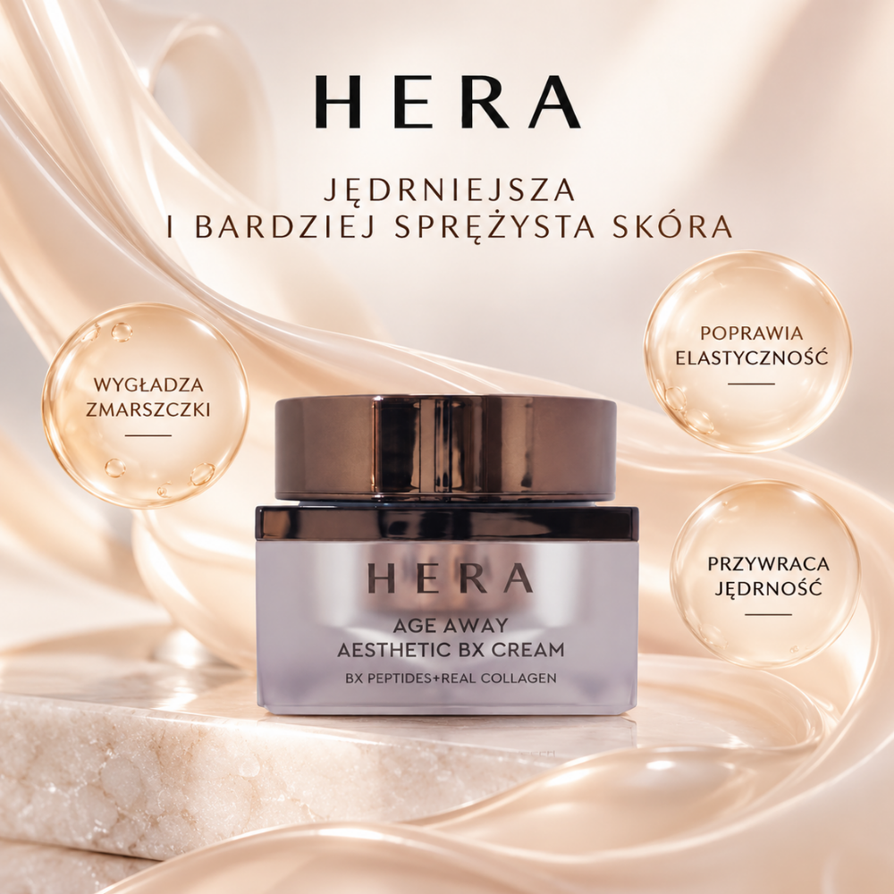 Hera Age Away Aesthetic Bx Cream - krem przywracający sprężystość i młodzieńczy blask (3) HERA Age Away Aesthetic BX Cream - luksusowy koreański krem z peptydami i kolagenem, który pomaga wygładzić zmarszczki, poprawić elastyczność i przywrócić skórze jędrność. Elegancki słoiczek na marmurowej podstawie w otoczeniu złotych bąbelków.