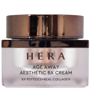 HERA Age Away Aesthetic BX Cream - kolagenowo-peptydowy krem ujędrniający do twarzy w eleganckim, perłowym słoiczku z metaliczną brązową nakrętką. Koreański krem przeciwstarzeniowy z kompleksem BX Peptides i kolagenem na białym tle.