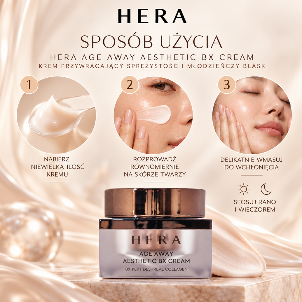 Hera Age Away Aesthetic Bx Cream - krem przywracający sprężystość i młodzieńczy blask (4) HERA Age Away Aesthetic BX Cream - instrukcja stosowania kremu do twarzy w trzech krokach: nabranie niewielkiej ilości, równomierne rozprowadzenie na skórze i delikatne wmasowanie. Pielęgnacja przeciwstarzeniowa na dzień i na noc.