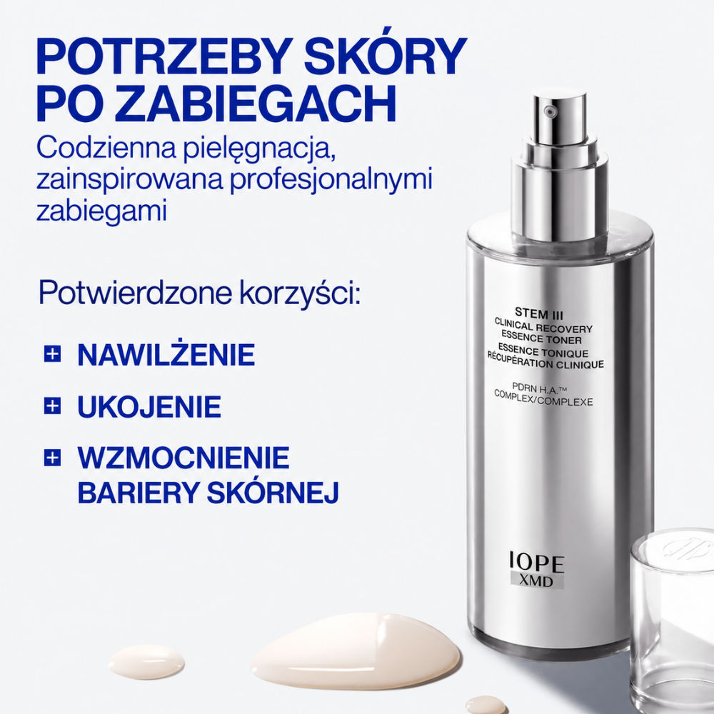 IOPE XMD Stem Clinical Recovery Essence - esencja która budzi skórę po oczyszczaniu (5) Grafika 1 - korzyści: IOPE XMD Stem III Clinical Recovery Essence Toner - nawilżająca esencja-toner PDRN wspierająca ukojenie skóry i wzmocnienie jej bariery nawilżenia.