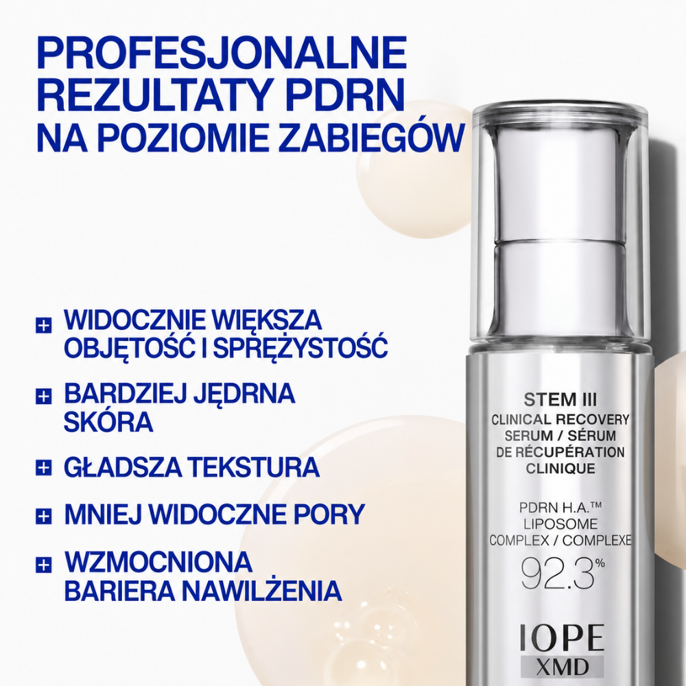 Iope XMD Stem Clinical Recovery Serum - Efekt Skin Boostera Bez Igły (2) Grafika 1 - korzyści: IOPE XMD Stem III Clinical Recovery Serum z 92,3% kompleksem PDRN H.A.™ - serum wspierające widocznie większą objętość i sprężystość skóry, jędrność, gładszą teksturę, mniej widoczne pory oraz barierę nawilżenia.