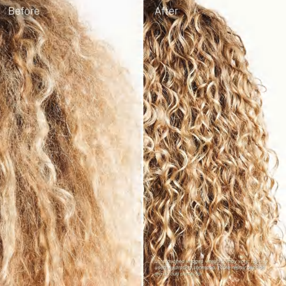 Isima Superbomba Triple Repair Peptide Mask Zdjęcie „przed i po” użyciu maski isima. Po lewej stronie włosy blond kręcone, suche i spuszone (Before); po prawej stronie te same włosy wyglądają na nawilżone, gładkie i zdefiniowane loki (After).