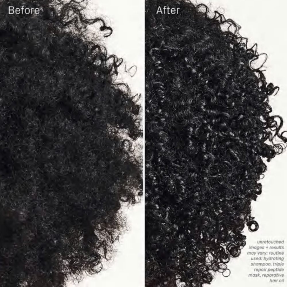 Isima Superbomba Triple Repair Peptide Mask Zdjęcie porównawcze „przed i po” dla włosów typu afro. Po lewej stronie matowe, suche włosy (Before), po prawej — widocznie nawilżone, zdefiniowane i błyszczące loki (After).