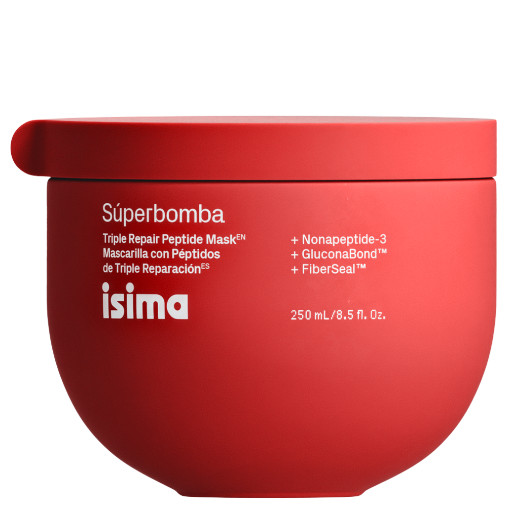 Isima Superbomba Triple Repair Peptide Mask Zamknięty czerwony słoik maski do włosów isima Súperbomba Triple Repair Peptide Mask, z nazwą produktu i informacją o kluczowych składnikach po angielsku i hiszpańsku.