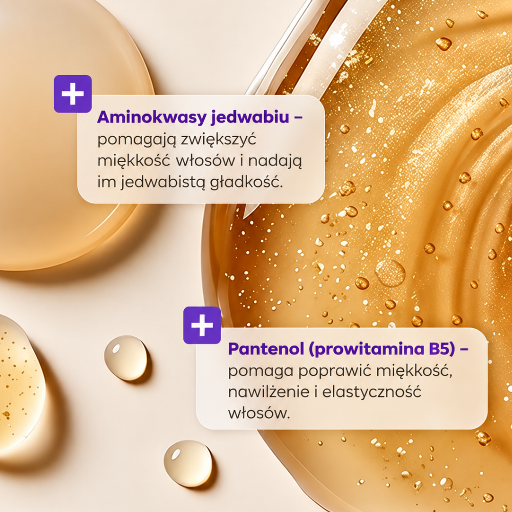 It's a 10 Miracle Leave In Product (3) It's a 10 Miracle Leave-In Product - grafika przedstawiająca aminokwasy jedwabiu i pantenol (prowitaminę B5), które wspierają miękkość, nawilżenie i elastyczność włosów.